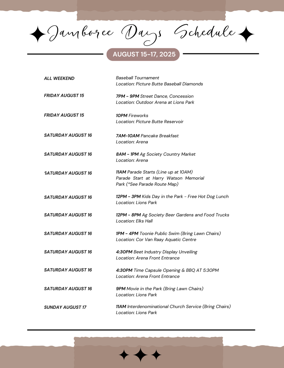 Jamboree Days Schedule